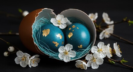 Two blue easter eggs with gold leaf in a cracked eggshell with white flowers