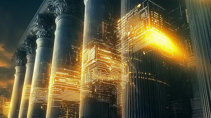 Ancient columns with futuristic circuit overlay - Powered by Adobe