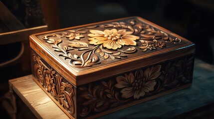 Intricate floral carvings adorn a wooden box, showcasing craftsmanship and artistry.