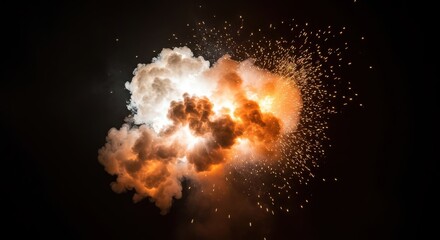 Explosion of fire and smoke with sparks against a stark black background view