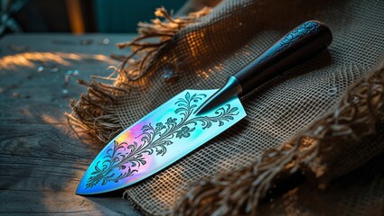 Ornate Chef's Knife with Floral Engraving on Burlap, High Quality Kitchen Tool