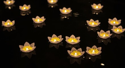 Floating lotus flower candles illuminate dark water surface in serene scene