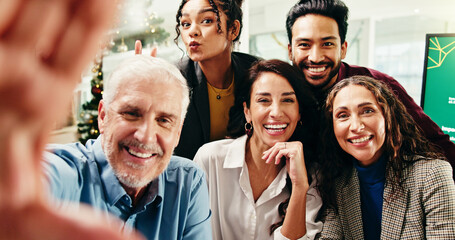 Fototapeta premium Selfie, team building and portrait of business people in office for about us, memory or company Christmas. Smile, POV and financial employees with photography picture for bonding together with xmas