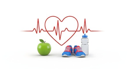 Healthy Fitness Lifestyle Items Including Green Apple Running Shoes Water Bottle and Heartbeat Line