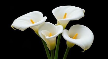 A close up of four white calla lilies with yellow centers on a black background