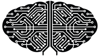 Illustration of a brain shaped like a circuit board with white lines on a black background design