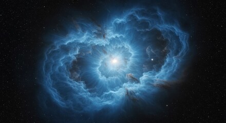 A celestial vision: bright nebula surrounded by swirling blue clouds in space