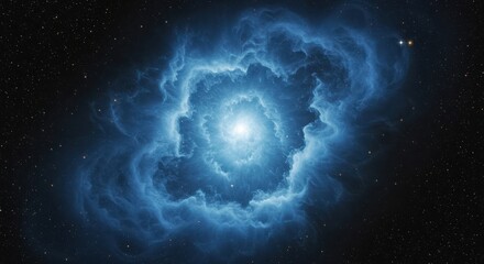 Blue nebula with a bright center surrounded by stars in the dark space