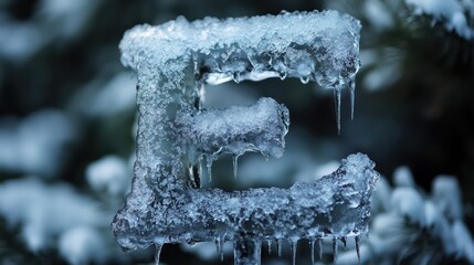 Frozen Letter E: Intricate Ice Formations and Icicles on a Metal Structure