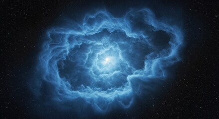 A blue nebula with a bright center surrounded by stars in the dark universe