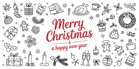 Hand Drawn Black and White Christmas Vector with Holiday Food and Decor