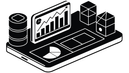 Isometric view of a mobile phone displaying various data charts and cubic shapes in black and white