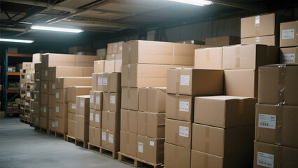 Rows of stacked cardboard boxes in a well-lit warehouse