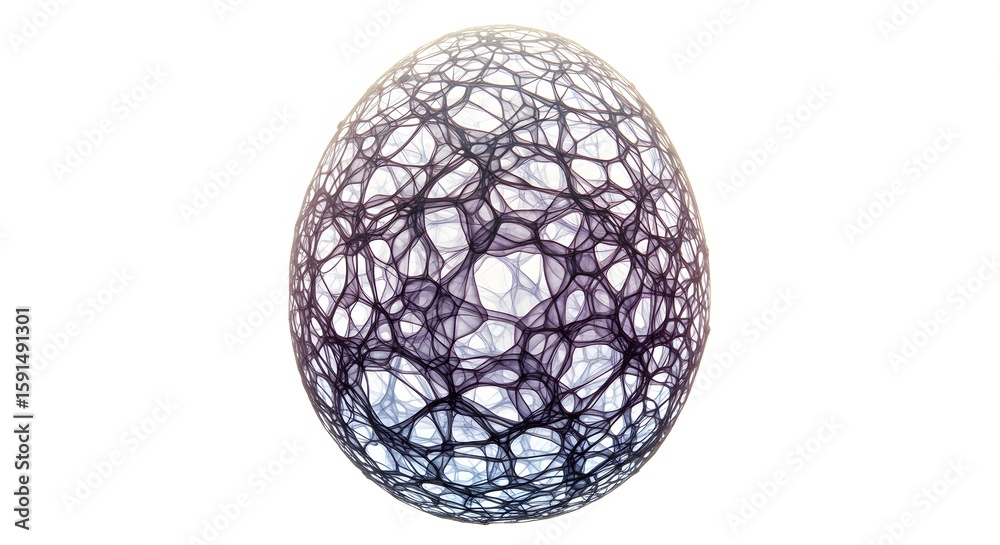 Leinwandbilder Abstract image of an egg shape with a complex network of interconnected lines forming a cellular-like structure against a white background.