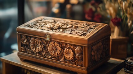 Intricate floral carvings adorn a vintage wooden chest with a brass clasp