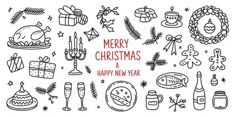 Vintage Christmas Doodle Set with Food Drinks and Celebration Items