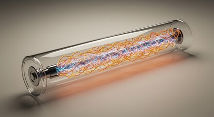 Clear cylinder containing orange coils and blue energy on a neutral surface