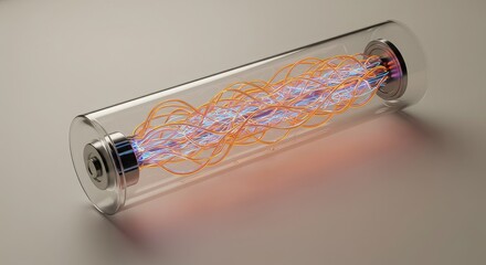 Close up of a clear tube containing orange and blue swirling light strands
