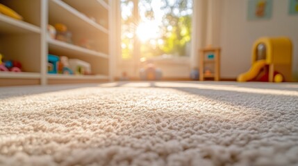 Sunlight streams through window onto soft, textured carpet in bright playroom.