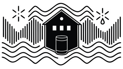 Stylized illustration of a building with a barrel in front with waves and starbursts around it