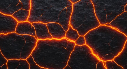 Close up of cracked dark surface with bright orange glowing lines pattern