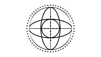 Geometric design featuring intersecting ellipses circle and dotted outer circle in black and white style