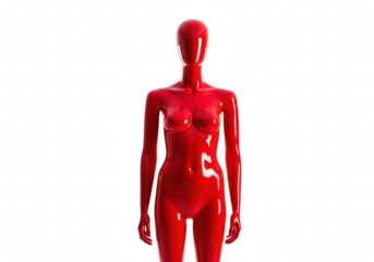 A glossy red female mannequin stands isolated on a transparent background, showcasing a sleek and modern form