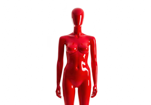A glossy red female mannequin stands isolated on a transparent background, showcasing a sleek and modern form