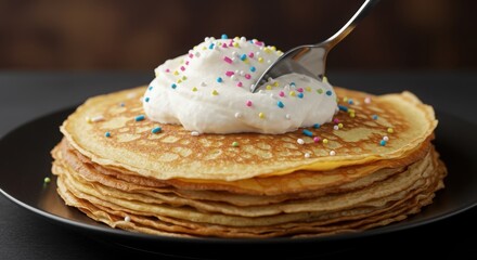 Stack of pancakes topped with whipped cream and sprinkles on a black plate