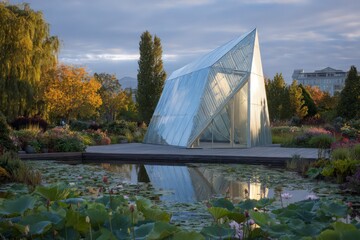 Geometric Glass Pavilion in Autumn Garden