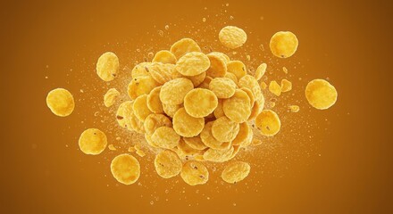A cluster of golden discs floating against a warm yellow gradient background
