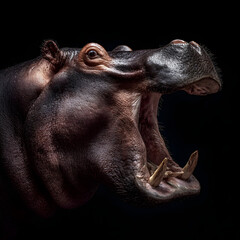 Hippopotamus opening its mouth showing big teeth on black background