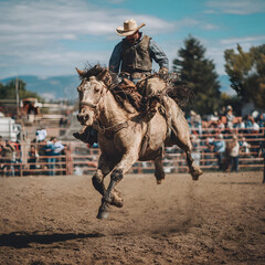 Cowboy riding bucking horse in rodeo arena