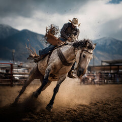 Cowboy riding bucking bronco horse in rodeo arena