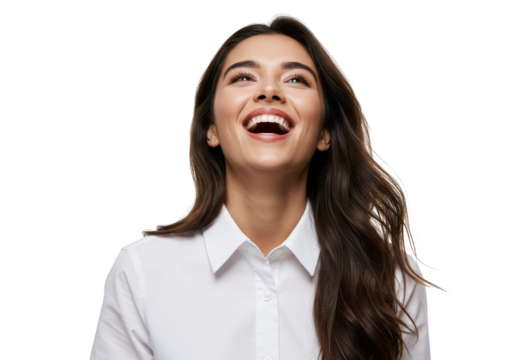 A young woman with long dark hair, wearing a white collared shirt, laughing joyfully with her head tilted back isolated on transparent background
