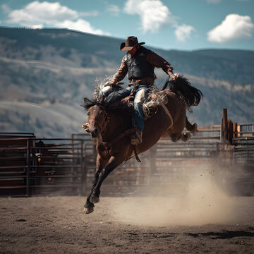 Cowboy riding bucking bronco horse in rodeo arena