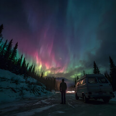 Man exploring winter wonderland watching northern lights aurora borealis