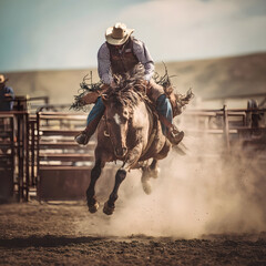 Cowboy riding bucking bronco horse in rodeo arena show