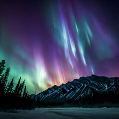 Vibrant northern lights illuminating snowy mountain range and frozen river at night