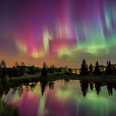 Northern lights reflecting in suburban pond at night