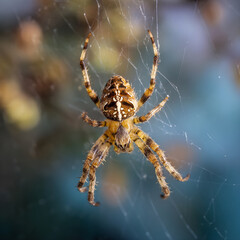 European garden spider weaving its web in nature