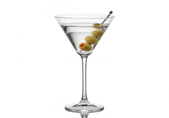 A classic martini cocktail with three green olives on a skewer in a martini glass isolated on transparent background