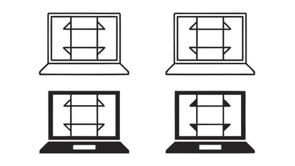 Illustration of four laptops displaying a square with inward pointing arrows on the screen design