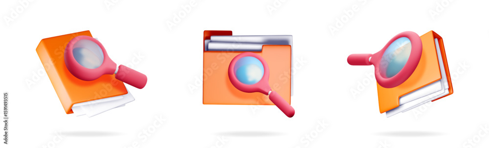 Fototapete set of 3d rendering folder with paper document and magnifying glass for file search, data management