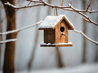 Wooden birdhouse on snowy branch