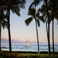 Sailboat sailing under full moon at dusk in tropical paradise