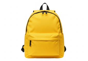 A bright yellow backpack with a front pocket and zippers, isolated on a transparent background