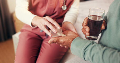 Nurse, help and pills with hands of old person in bedroom for medicine, treatment and support. Medical, drink and healthcare with caregiver and patient in nursing home for retirement and vitamins