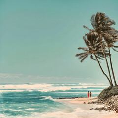 Tourists walking on tropical beach with palm trees and ocean waves