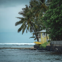 Yellow surfboard leaning against beach house under palm trees on cloudy day